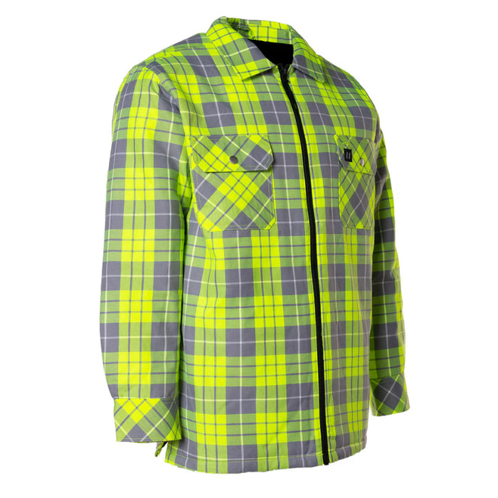 Forcefield® Hi Vis Lime Plaid Quilted Flannel Shirt Jacket with Front Zip - LC53QFZHT-HV