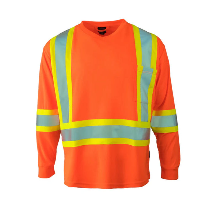 Forcefield® Hi Vis V-Neck Long Sleeve Safety Tee Shirt with Chest Pocket - BEPCSALS