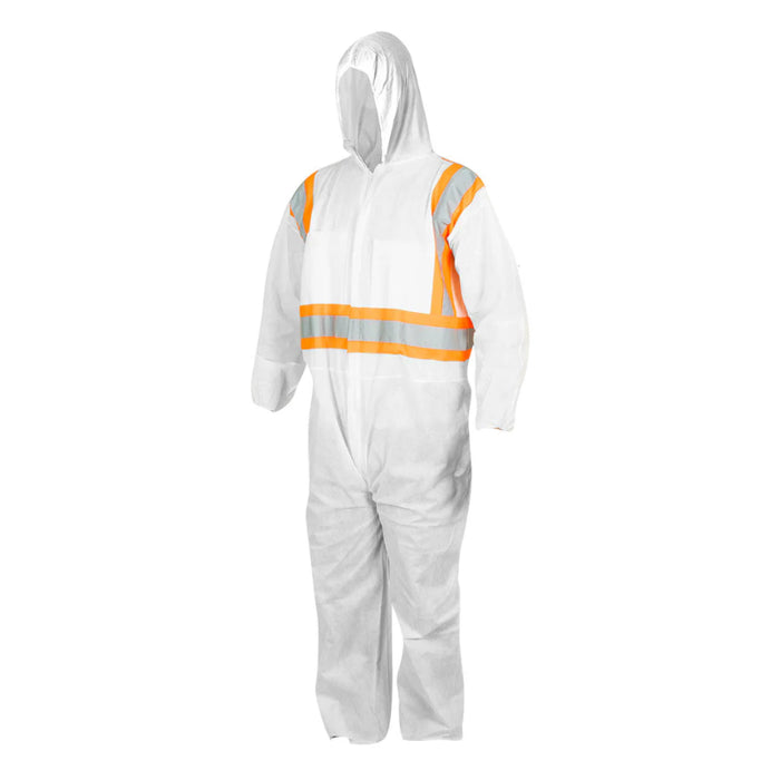 Forcefield® White Disposable SMS Coverall with Hood and Reflective Tape - SMSHV