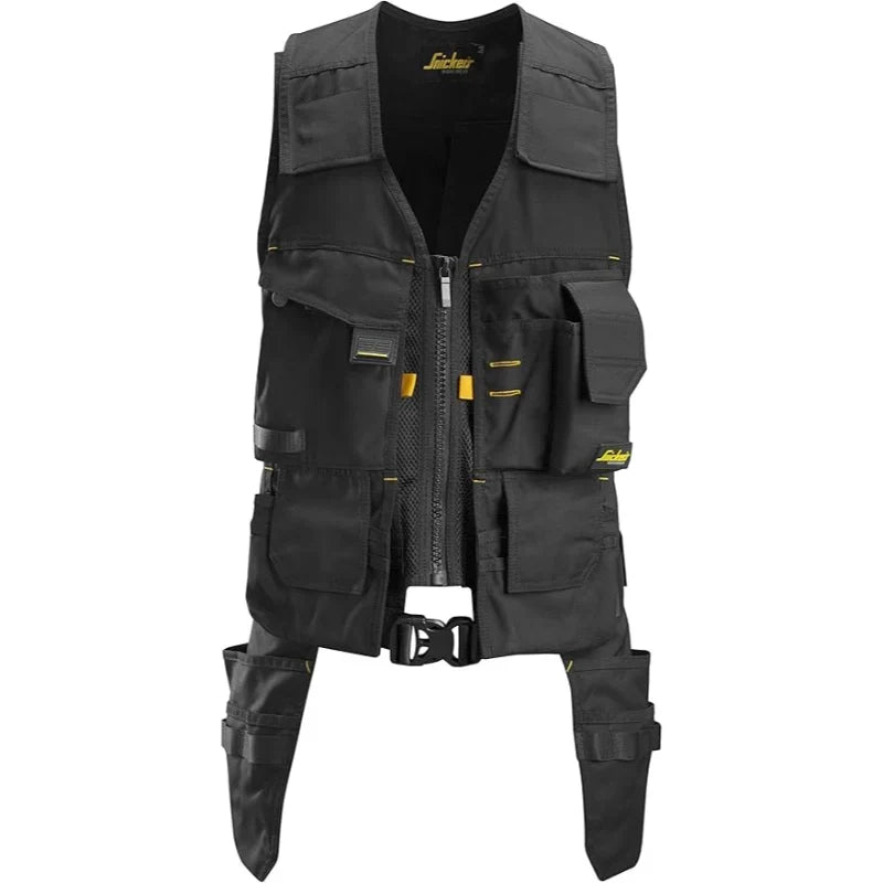 Black utility vest with multiple pockets and a belt on a white background
