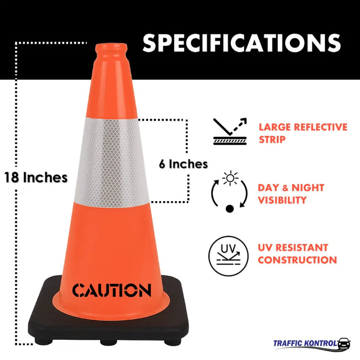 Orange traffic cone with specifications on a white background