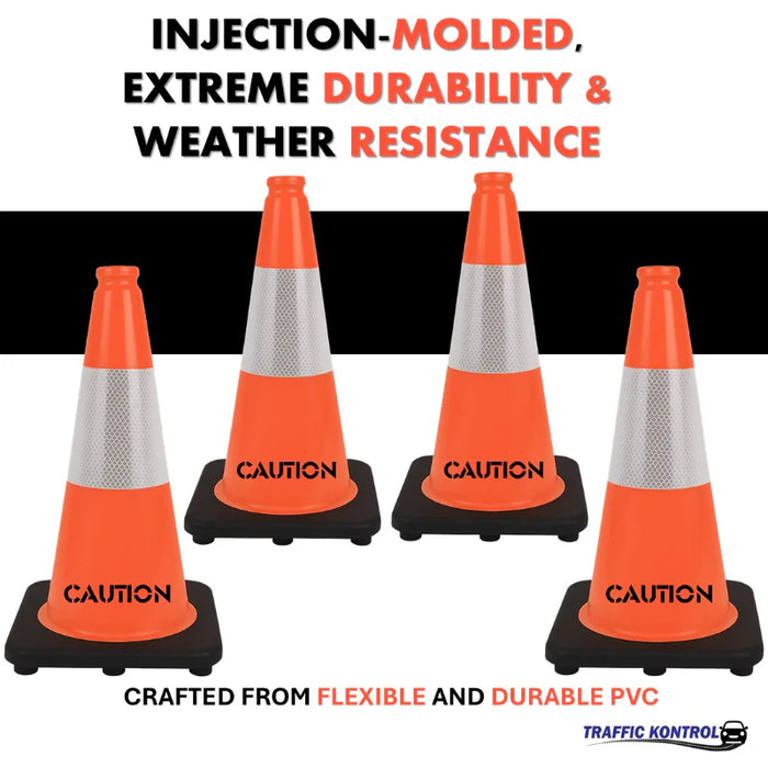 18" CAUTION Traffic Cone - 3 Lbs - Safety Orange - 6" Inch Hi Intensity Reflective Collars - Bulk Pallet