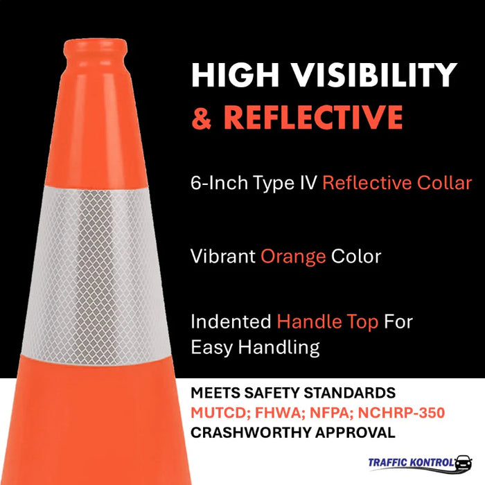 18" HANDICAP Traffic Cone - 3 Lbs - Safety Orange - 6" Inch Hi Intensity Reflective Collars - Bulk Pallet