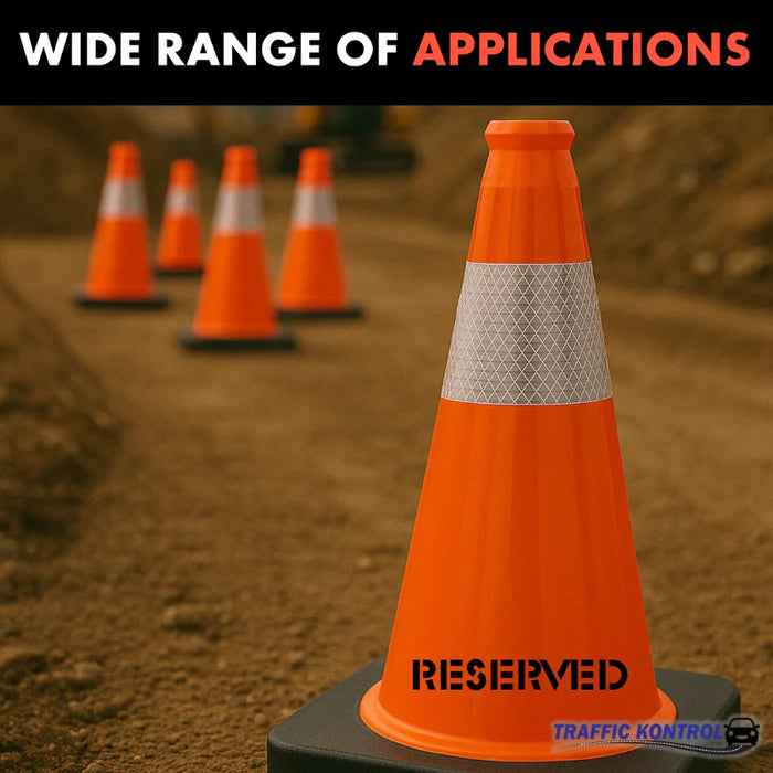 18" RESERVED Traffic Cone - 3 Lbs - Safety Orange - 6" Inch Hi Intensity Reflective Collars - Bulk Pallet