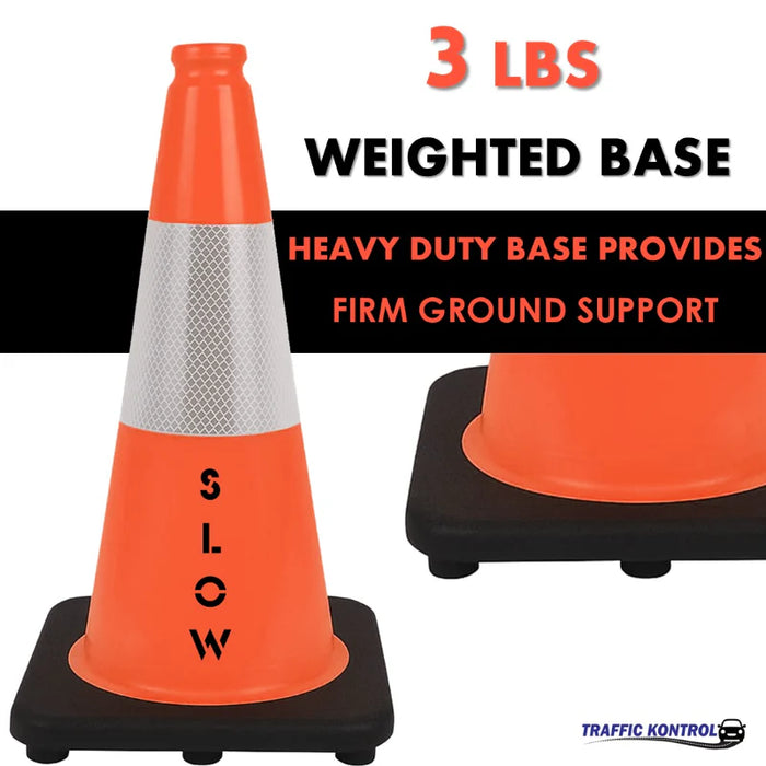 18" SLOW Traffic Cone - 3 Lbs - Safety Orange - 6" Inch Hi Intensity Reflective Collars - Bulk Pallet