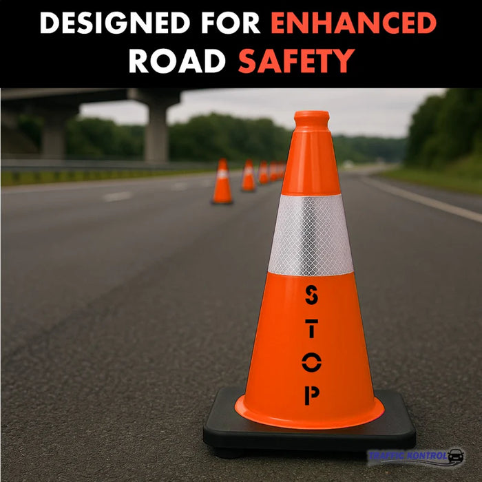 18" STOP Traffic Cone - 3 Lbs - Safety Orange - 6" Inch Hi Intensity Reflective Collars