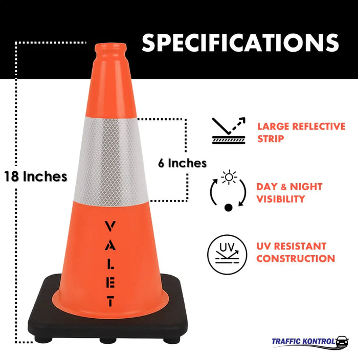 18" VALET Traffic Cone - 3 Lbs - Safety Orange - 6" Inch Hi Intensity Reflective Collars - Bulk Pallet