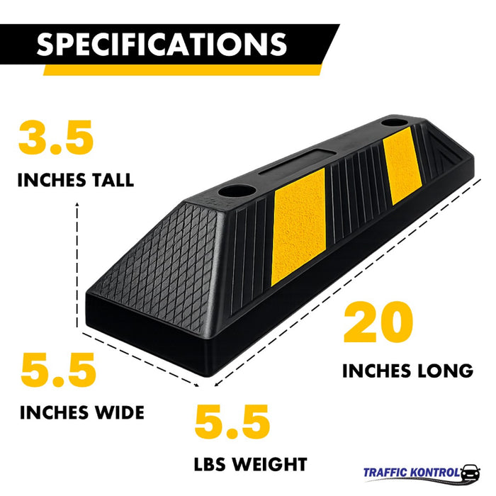 Parking Curb Block - 20" Long Wheel Stop With Spikes - Yellow / Black Striped Rubber