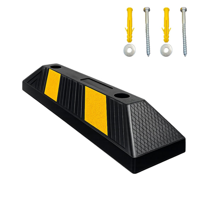 Garage Parking Curb Block - 20" Long Wheel Stop With Bolts - Yellow / Black Striped Rubber