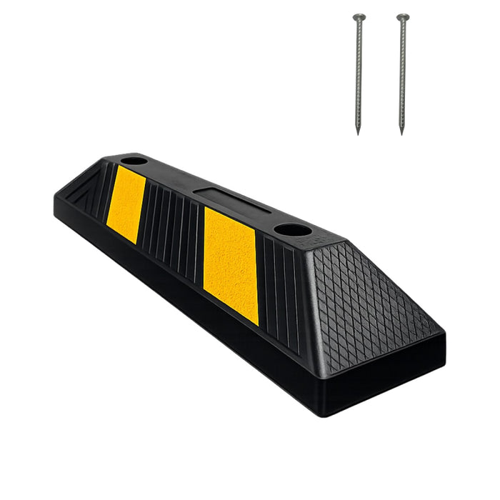 Parking Curb Block - 20" Long Wheel Stop With Spikes - Yellow / Black Striped Rubber
