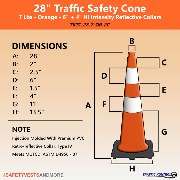 28" Traffic Safety Cone - 7 Lbs - Safety Orange Pylon - 6" + 4" Inch Reflective Collars - Bulk Pallet