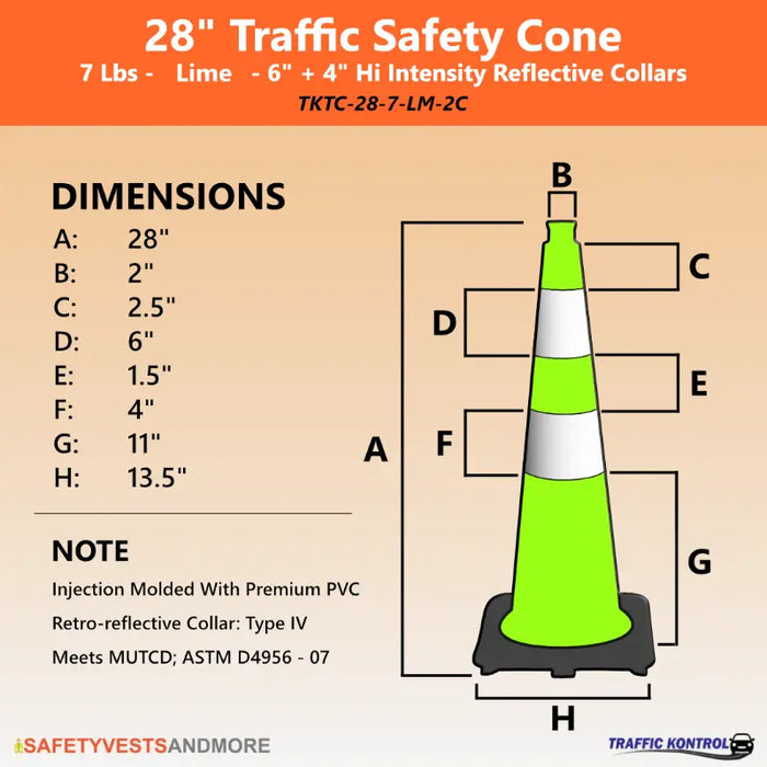 28" Traffic Cone - 7 Lbs - Safety Lime - 6" + 4" Inch Hi Intensity Reflective Collars