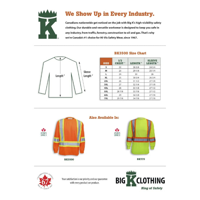Big K Clothing® High Visibility Poly/Cotton Safety Long Sleeve Shirt - Orange - BK3500