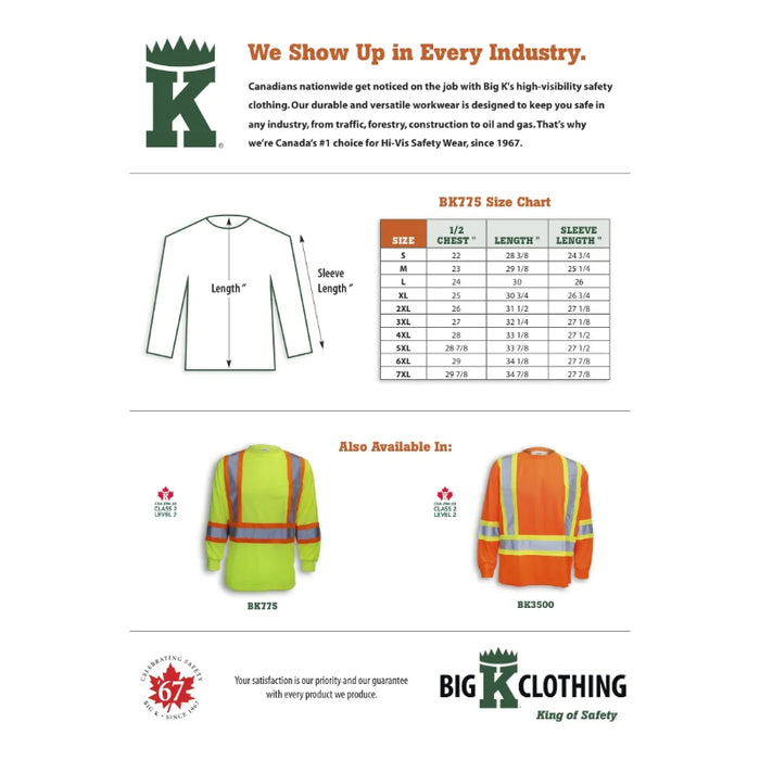 Big K Clothing® High Visibility Poly/Cotton Safety Long Sleeve Shirt - Yellow Lime - BK775
