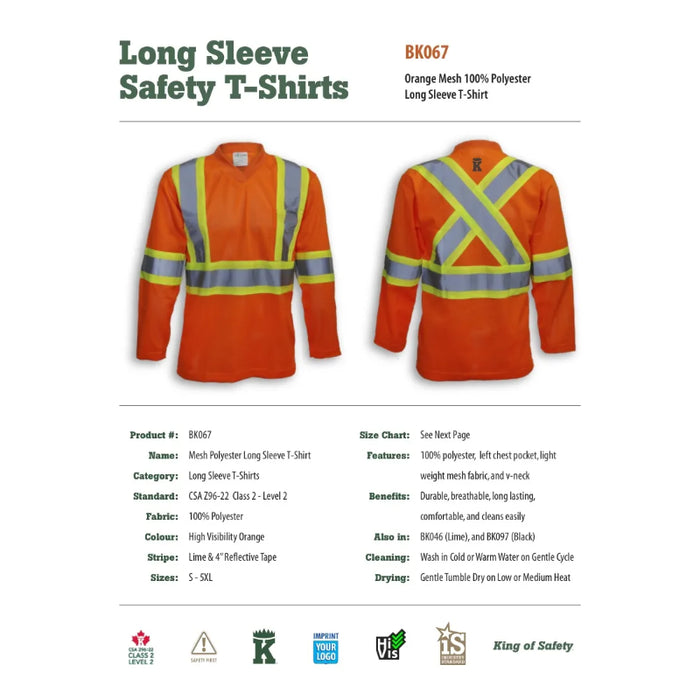 Big K Clothing® High Visibility Polyester Mesh Long Sleeve Safety Shirt - Orange - BK067