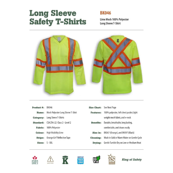 Big K Clothing® High Visibility Polyester Mesh Long Sleeve Safety Shirt - Yellow Lime - BK046