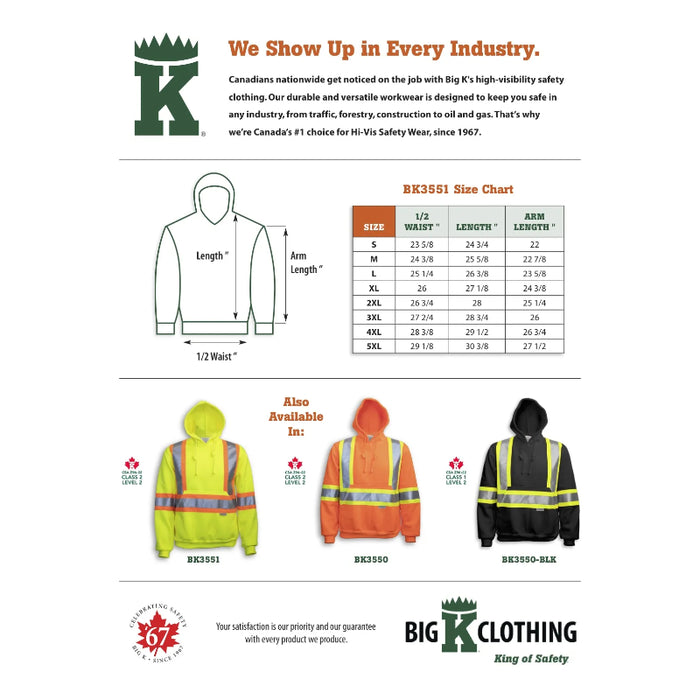 Big K Clothing® High Visibility Polyester Safety Pullover Hoodie - Yellow Lime - BK3551