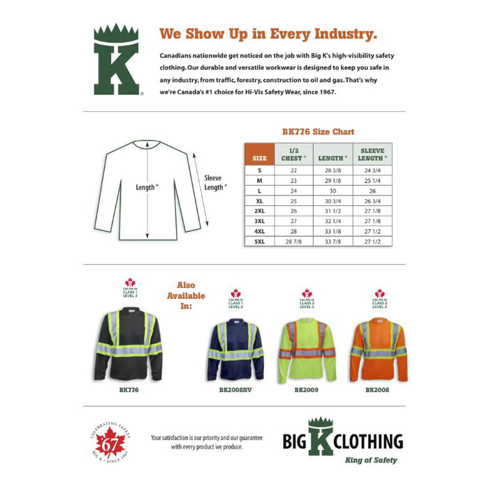 Big K Clothing® High Visibility Polyester Wicking Long Sleeve Safety Shirt - Black - BK776
