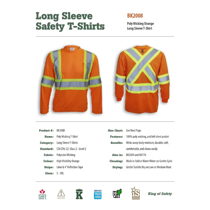 Big K Clothing® High Visibility Polyester Wicking Long Sleeve Safety Shirt - Orange - BK2008