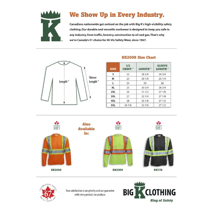 Big K Clothing® High Visibility Polyester Wicking Long Sleeve Safety Shirt - Orange - BK2008