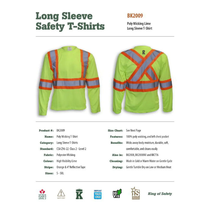 Big K Clothing® High Visibility Polyester Wicking Long Sleeve Safety Shirt - Yellow Lime - BK2009