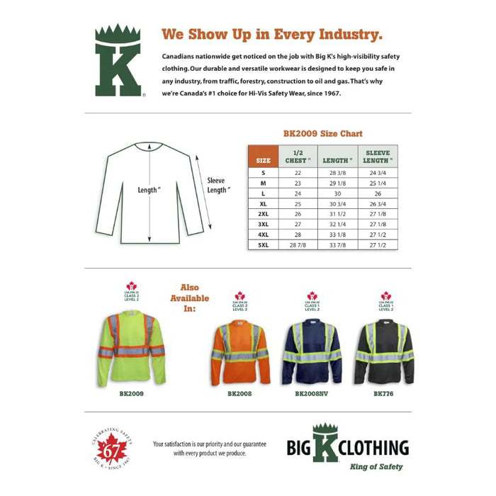 Big K Clothing® High Visibility Polyester Wicking Long Sleeve Safety Shirt - Yellow Lime - BK2009