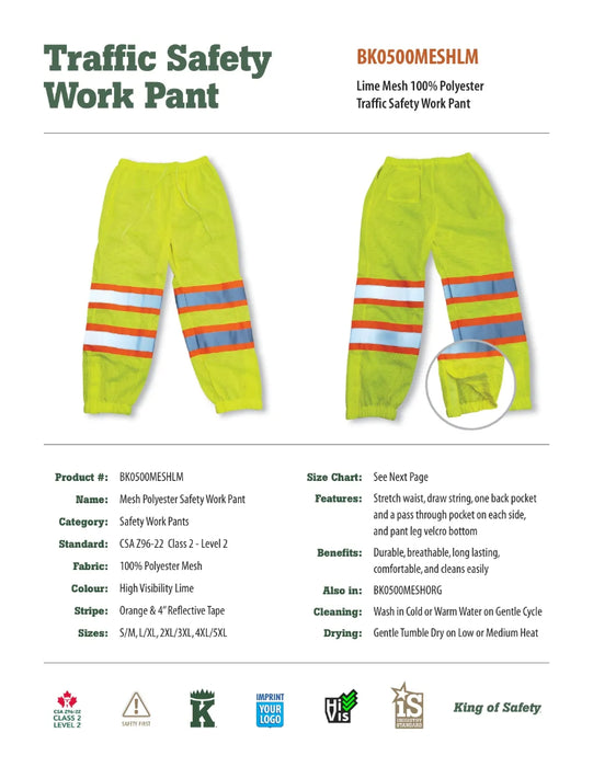 Big K Clothing® High Visibility Polyester mesh safety Pant - BK0500MESH