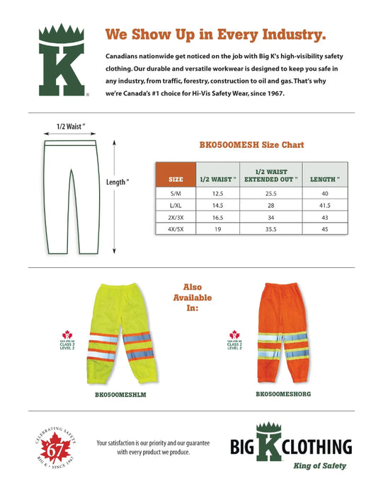 Big K Clothing® High Visibility Polyester mesh safety Pant - BK0500MESH