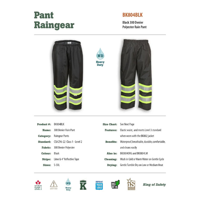 Big K Clothing® High Visibility 300 Denier Polyester Rain Pants - BK804