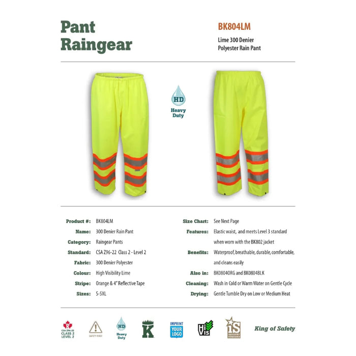 Big K Clothing® High Visibility 300 Denier Polyester Rain Pants - BK804