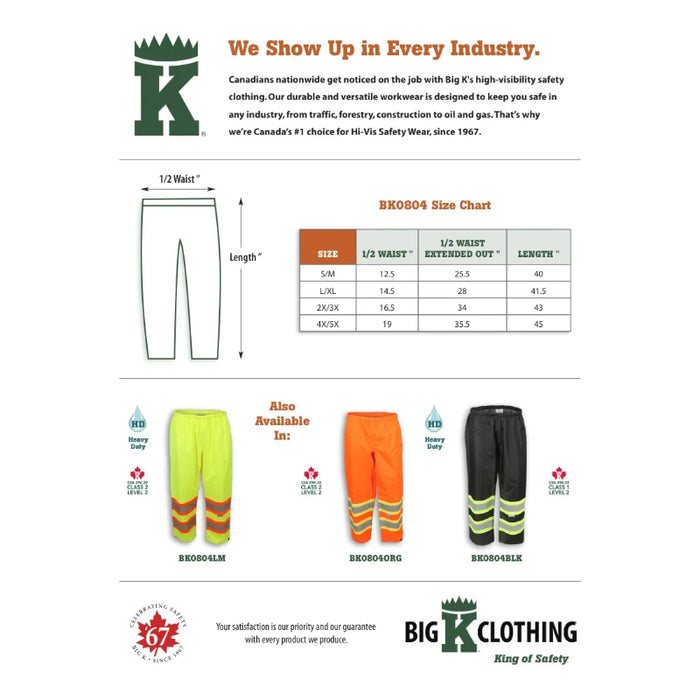 Big K Clothing® High Visibility 300 Denier Polyester Rain Pants - BK804