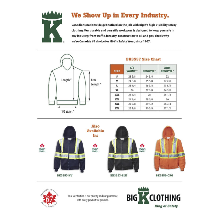 Big K Clothing® High Visibility Cotton Ziper Front Safety Hoodie - BK3557