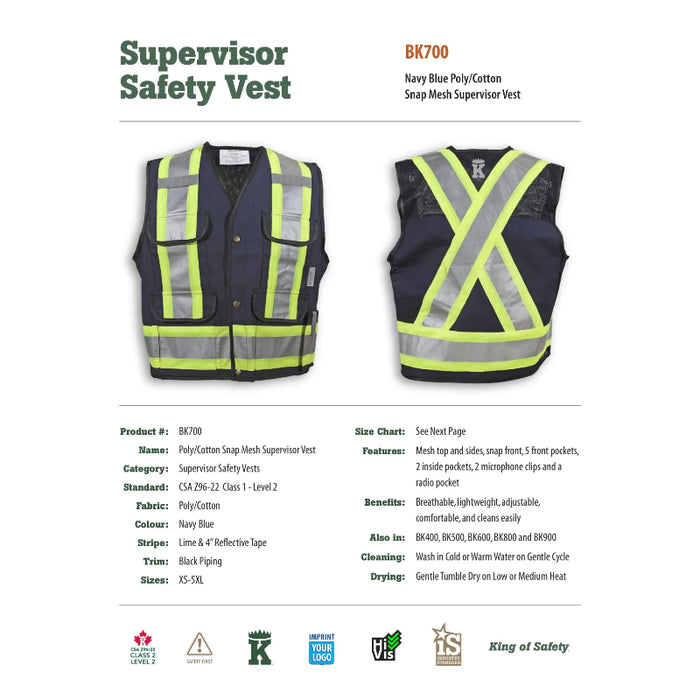 Big K Clothing® High Visibility Poly/Cotton Mesh Supervisor Safety Vest - Navy - BK700
