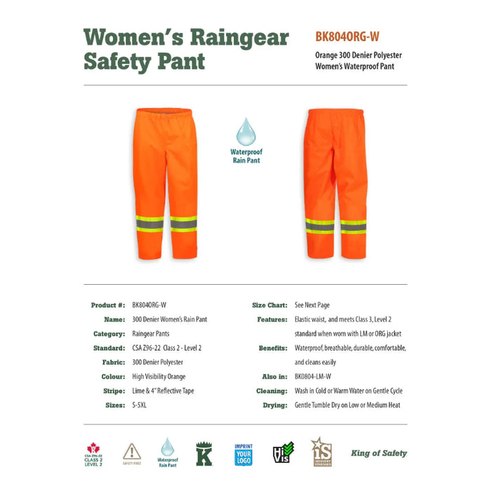 Big K Clothing® Women's High Visibility Waterproof Rain Pant - BK804-W