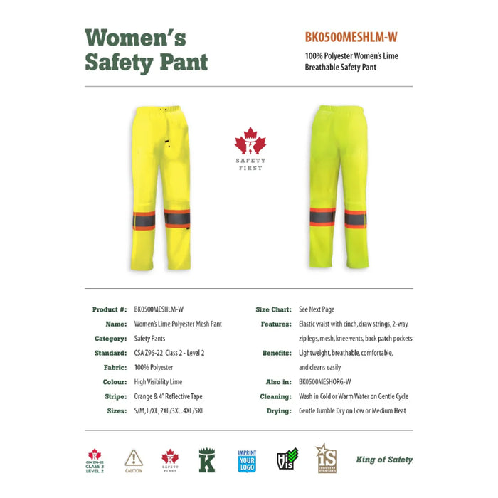 Big K Clothing® Women's Safety Hi Vis Tricot Traffic Pant - BK0500MESH-W