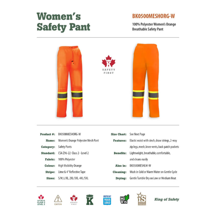 Big K Clothing® Women's Safety Hi Vis Tricot Traffic Pant - BK0500MESH-W