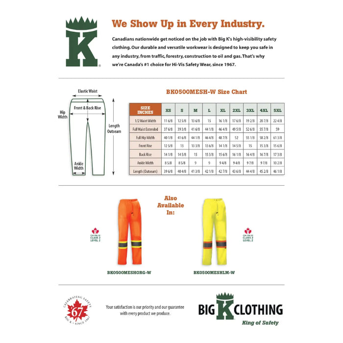 Big K Clothing® Women's Safety Hi Vis Tricot Traffic Pant - BK0500MESH-W