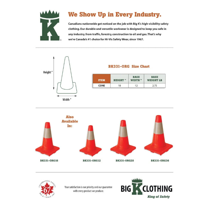 Big K® 18” Traffic Cone with 6” Collar and 2.75 lb Orange Base - BK331-ORG18