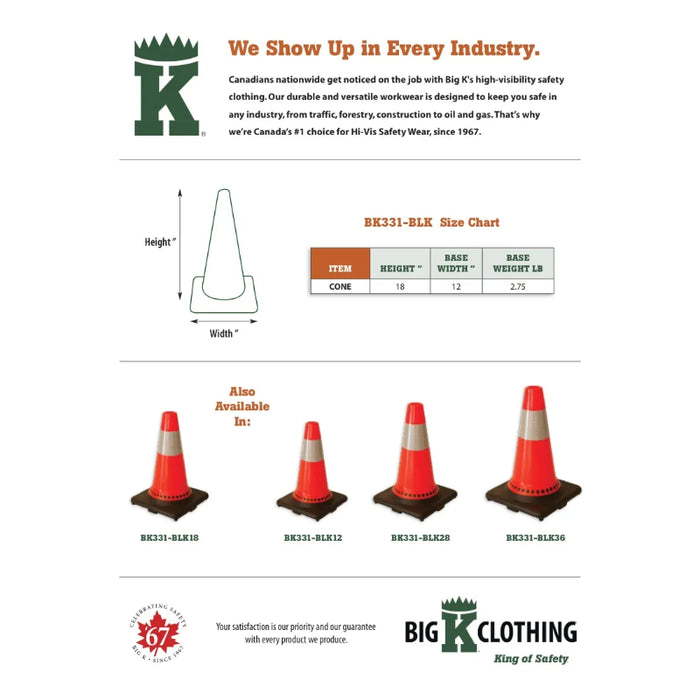 Big K® 18” Traffic Cone with 6” Collar and 2.75 lb Black Base - BK331-BLK18