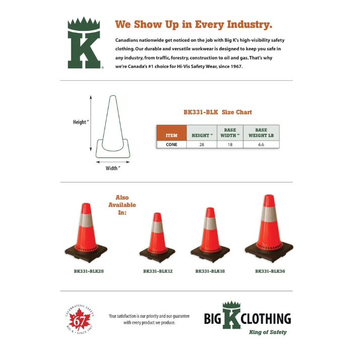 Big K® 28” Traffic Cone with 6” Collar and 6.6 lb Black Base - BK331-BLK28