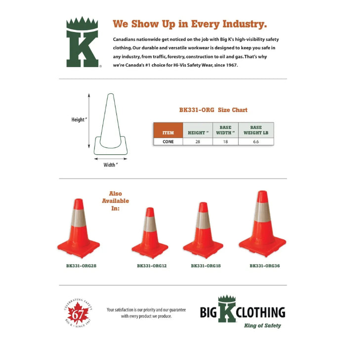 Big K® 28” Traffic Cone with 6” Collar and 6.6 lb Orange Base - BK331-ORG28