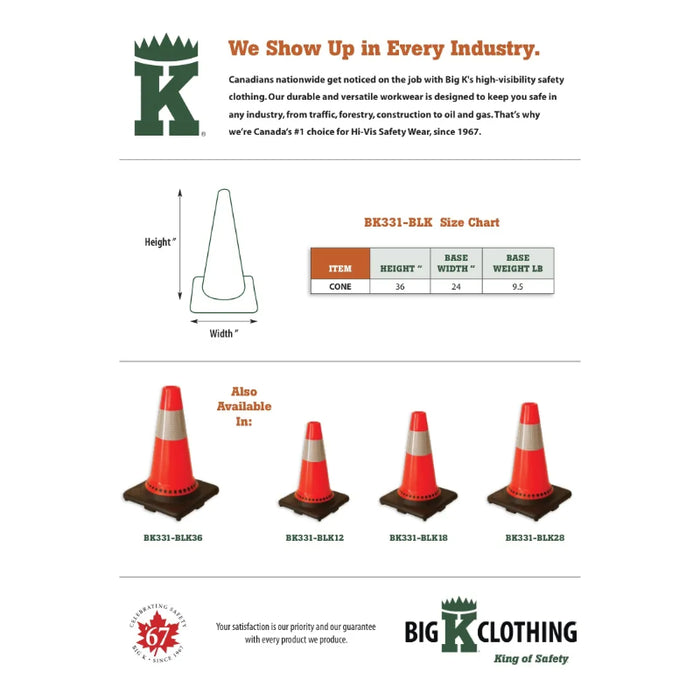 Big K® 36” Traffic Cone with 6” Collar and 9.5 lb Black Base - BK331-BLK36
