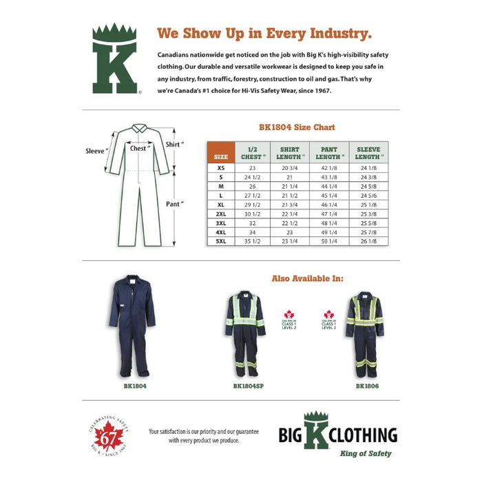 Big K Clothing® 100% Cotton Coverall - Navy Blue - BK1804