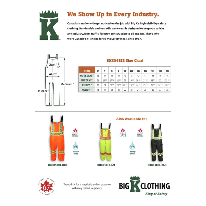 Big K Clothing® High Visibility Waterproof Safety Bib Rain Pant - BK804BIB