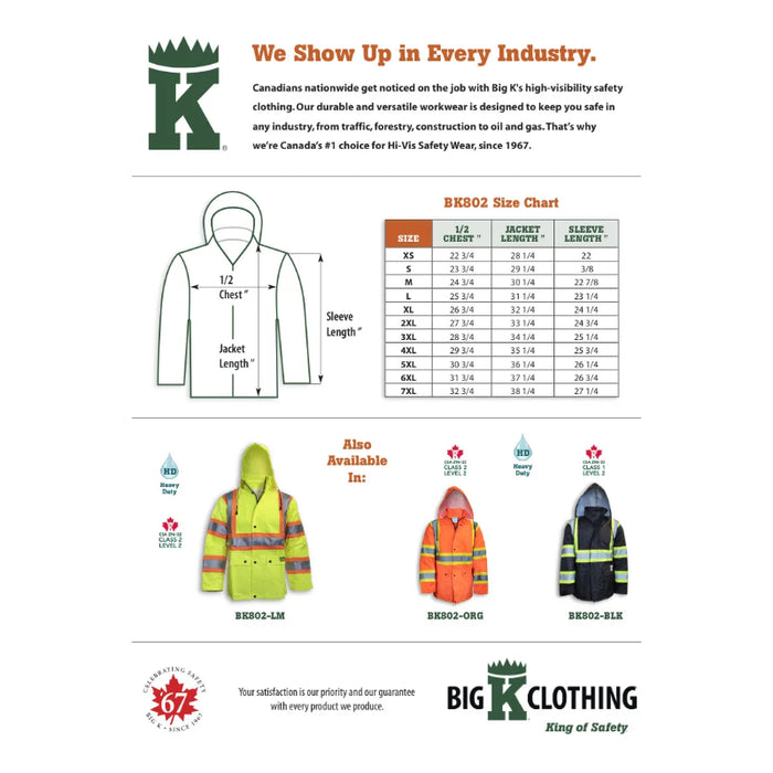 Big K Clothing® High Visibility 300 Denier Polyester Safety Rain Jacket - BK802