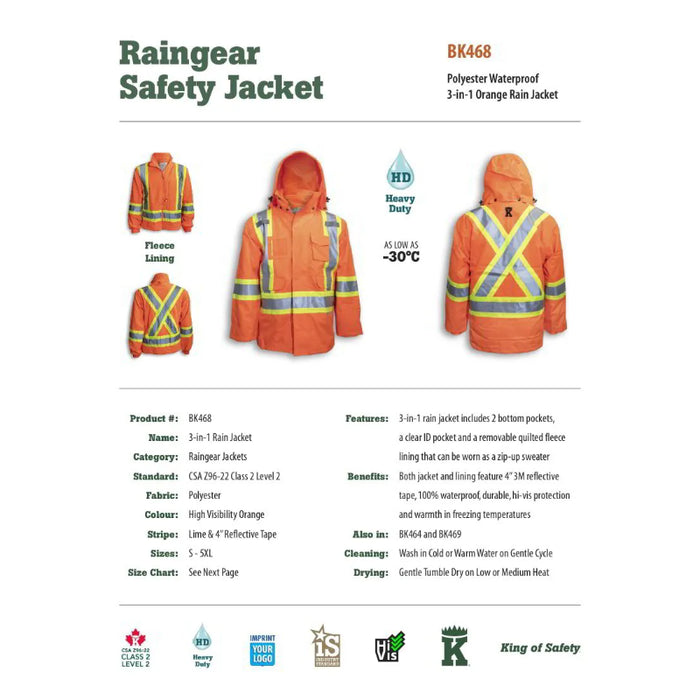 Big K Clothing® High Visibility Orange 3-in-1 Safety Rain Jacket - Orange - BK468