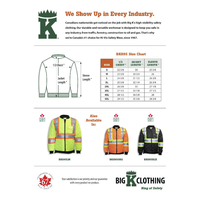 Big K Clothing® High Visibility Quilt Polyester Traffic Safety Jacket - BK895