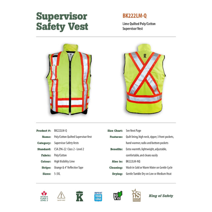 Big K Clothing® High Visibility Quilted Poly/Cotton Supervisor Safety Vest - Lime Green - BK222LM-Q