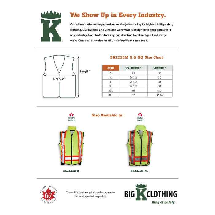 Big K Clothing® High Visibility Quilted Poly/Cotton Supervisor Safety Vest - Lime Green - BK222LM-Q