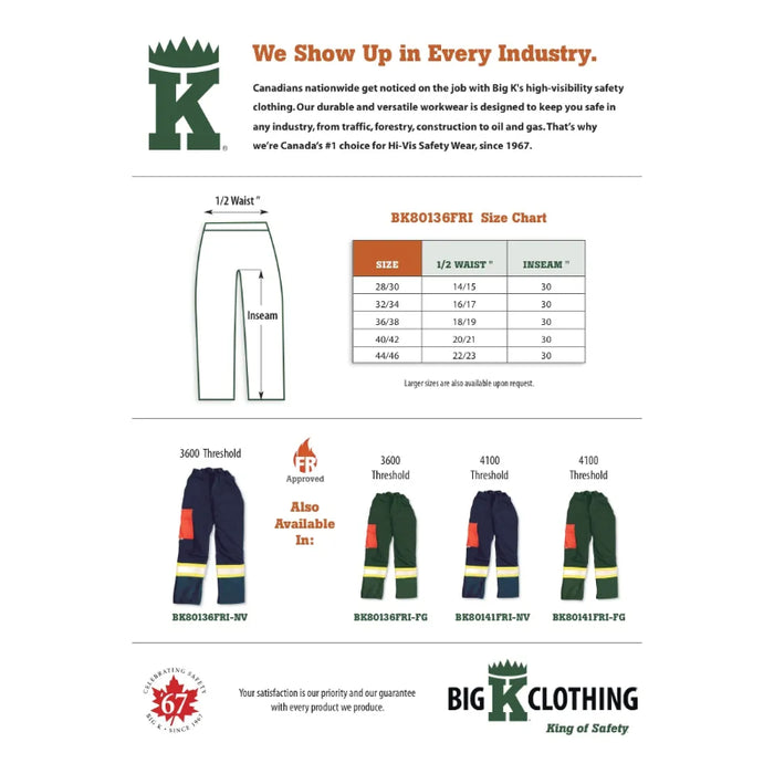 Big K Clothing® Flame Resistant  3600 Threshold Faller Safety Pant - BK80136FRI